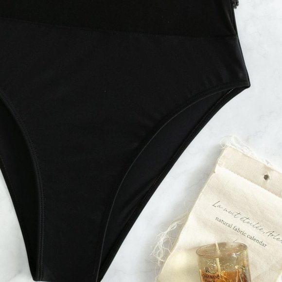 black Fringe with mesh detailed One Piece Swimsuit - Picture 4 of 7